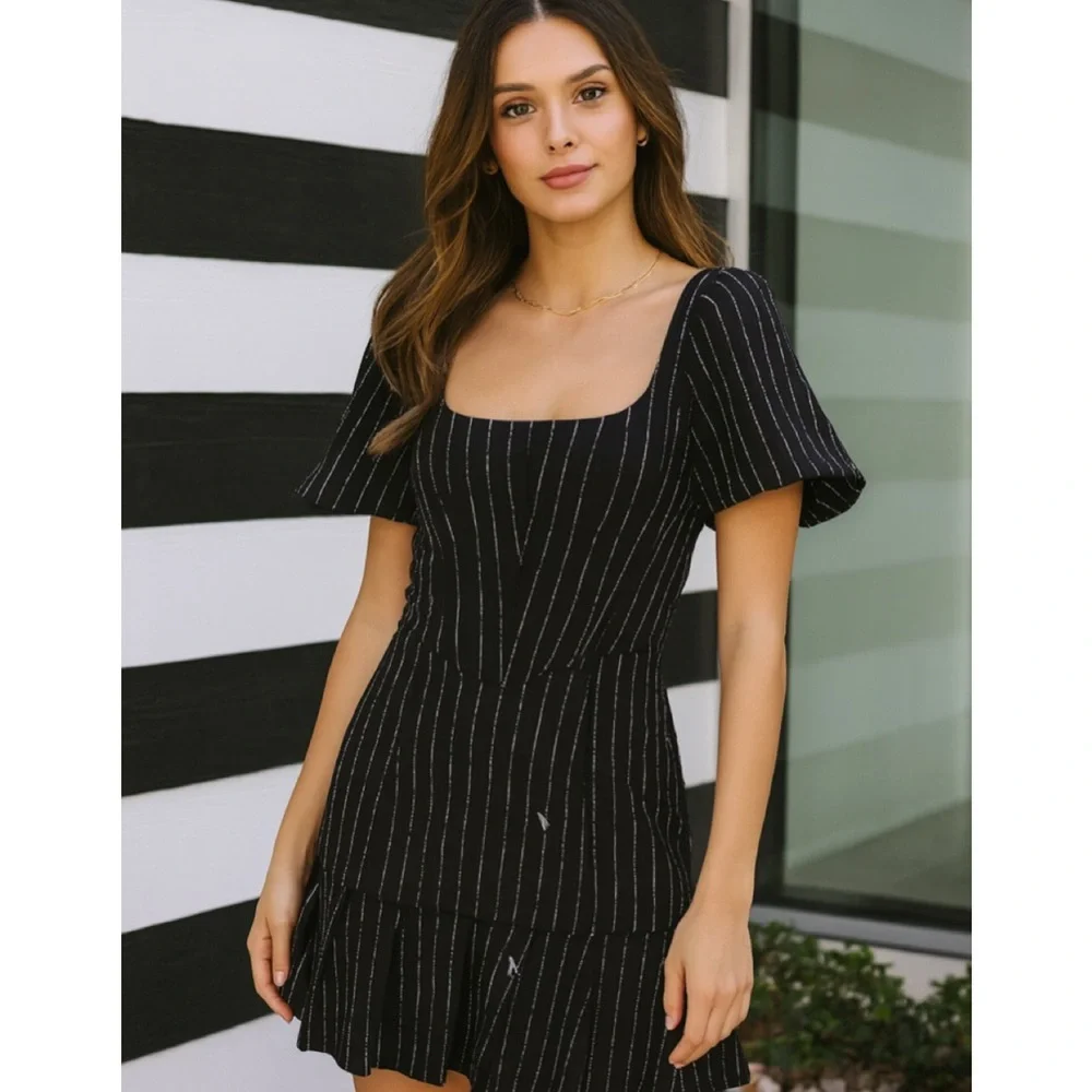 I.AM.GIA Chelsey Black Pinstripe Puff Sleeve Mini Dress Corset Small NWT - Picture 3 of 14